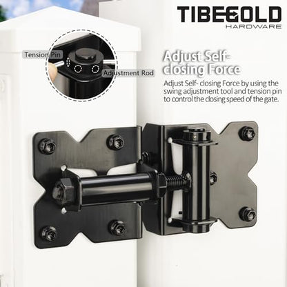 Self Closing Gate Hinges, Heavy Duty Hardware for Outdoor Vinyl/Woodn Fence Gates, 90 Degree Adjustable Gate Hinges Kit, Black Self Closing Hardware with Screw Kits and Swing Adjuster Tool, 2 Pack
