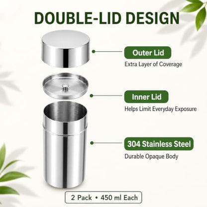 2 Pack Matcha Powder Storage Canisters, 304 Stainless Steel Tea Tins with Double Lids, Small Tea Canister for Loose Leaf Tea, Coffee Grounds, Cocoa, Sugar, Spices, Kitchen Pantry Storage