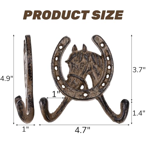 Peohud 6 Pack Cast Iron Coat Hooks, Rustic Double Wall Hooks, Horse Head Horseshoe Hook, Wall Mounted Farmhouse Coat Hangers for Towels, Hats, Keys, Bags, Caps