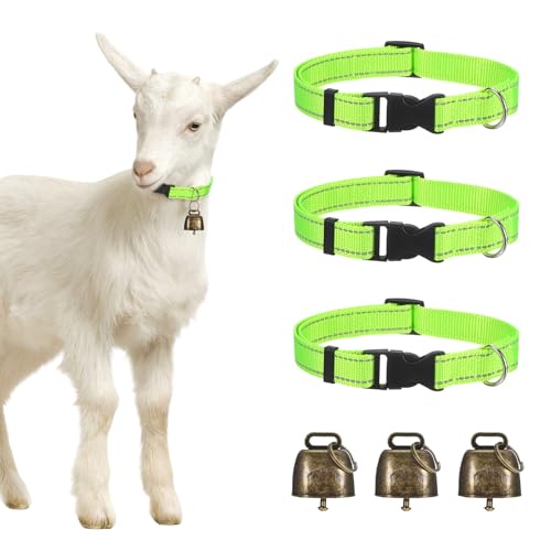 Generic 3-Pack Reflective Goat Collars with Bells, 13.8"-20.5" Polyester Adjustable Pet Collar with Anti-Lost Grazing Copper Bell for Small Farm Animal/Sheep/Cow/Goat [Green]