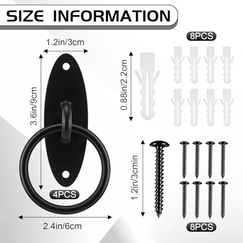 Fumete 4 Pcs Horse Tie Rings, Solid Steel Cross Tie Rings with Screws & Expansion Anchors, Wall Mount for Barn Stall Fence Concrete Trailer Grooming, Cross Tying & Tethering, Black (Oval)
