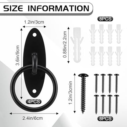 Fumete 4 Pcs Horse Tie Rings, Solid Steel Cross Tie Rings with Screws & Expansion Anchors, Wall Mount for Barn Stall Fence Concrete Trailer Grooming, Cross Tying & Tethering, Black (Oval)