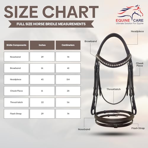Equine Care English Horse Bridle with Reins, Padded, 6 Browband Styles | Hunter show bridles: classic fancy stitched or crystal browbands; padded crown, harness leather; bit not included - color: Havana Brown with Clear Crystals
