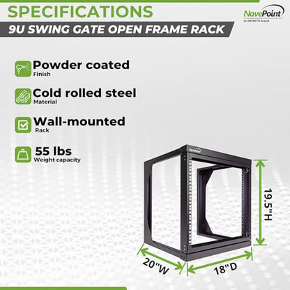 NavePoint 9U Open-Frame Server Rack for 19" IT Network Equipment & A/V Devices Free Standing or Wall Mount with 180 Degrees Gate Swing, Black - size: 9U - 18in Deep