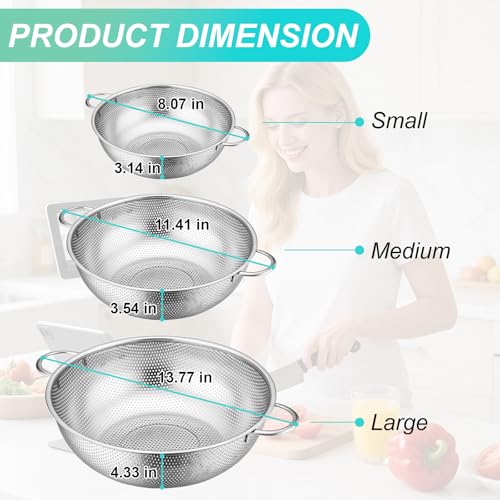3-Piece Stainless Steel Colander Set with Handles - 5Qt/3Qt/1Qt Nesting Strainers for Pasta, Veggies, Fruit Drainage, Durable Micro-Hole Mesh for Fast Water Flow - size: 1QT+3QT+5QT