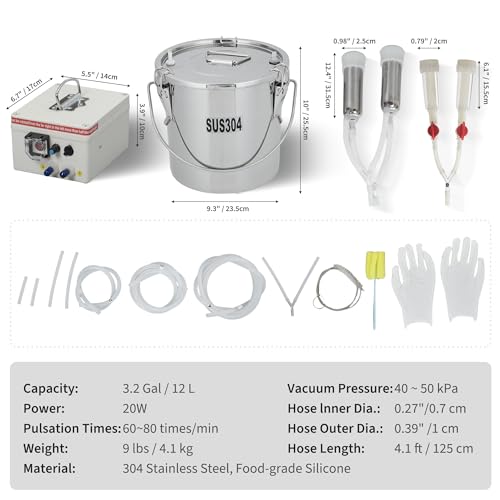 Garvee 12L Milking Machine, Electric Automatic Pulsation Vacuum Milker with 304 Stainless Steel Bucket, Adjustable Suction, Portable Milker with Food-Grade Silicone Cups and Tubes for Cows and Sheep - size: 12L