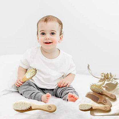 Infant Hair Brush and Comb Set for Newborns and Toddlers - Natural Wooden Hairbrush with Soft Goat Bristles for Cradle Cap - Perfect Scalp Grooming Massage for Baby Registry Gift