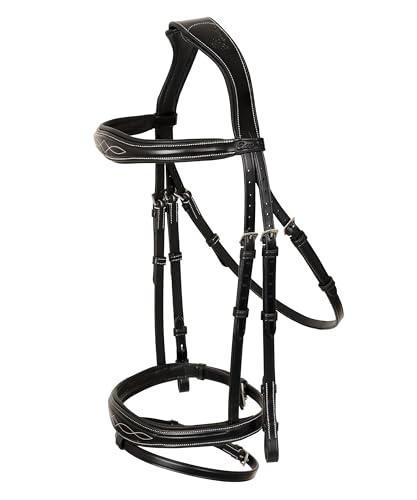 English Horse Bridle with Anatomic Crank Noseband & Detachable Flash | Vegetable Tanned Leather Jumping Bridle, Ergonomic Pressure Relief Crownpiece | Reins Included | Black, Brown - color: Black, size: Over/Warm Blood Size