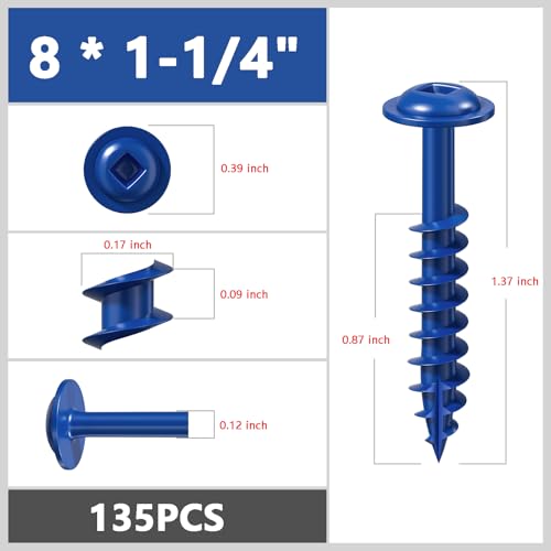 Wensilon (Blue) Pocket Hole Screws # 8 * 1-1/4" 136pcs 1lbs Square Hole Wood Screws and Round Head Square Hole self Tapping Screws are Suitable for Wooden use.150MM,60MM Drive bit Included. - color: Blue, size: 8*1-1/4"