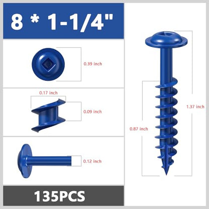 Wensilon (Blue) Pocket Hole Screws # 8 * 1-1/4" 136pcs 1lbs Square Hole Wood Screws and Round Head Square Hole self Tapping Screws are Suitable for Wooden use.150MM,60MM Drive bit Included. - color: Blue, size: 8*1-1/4"