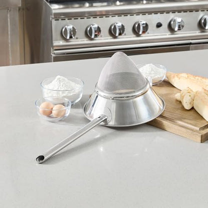Restaurantware Chinois Strainer 1 Count 10.2" Stainless Steel Bouillon Cone with Extra Fine Mesh China Cap Strainer for Sauces, Stocks, Soups, Broths, Sifting, Sieving, Professional Kitchen Tools - size: Bouillin / Chinois, Extra Fine Mesh-10 1/4"