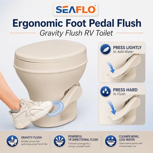 SEAFLO Bone RV Toilet, Residential Height 18.4", Gravity Flush Foot Pedal, Soft Close Seat, Camper Toilet for RV Motorhome Travel Trailer, Parchment, SFRTPH-02-01, 4-Year Warranty - color: Bone