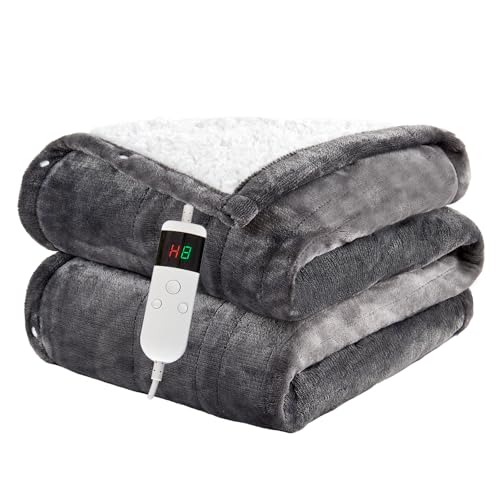 Heated Blanket Electric Twin, 62"x84" Soft Flannel Heating Blanket with 8 Hours Auto Off 10 Fast Heating Levels Machine Washable Sherpa Heated Throw Blanket with Overheating Protection - color: Light Gray, size: Twin(62" x 84")