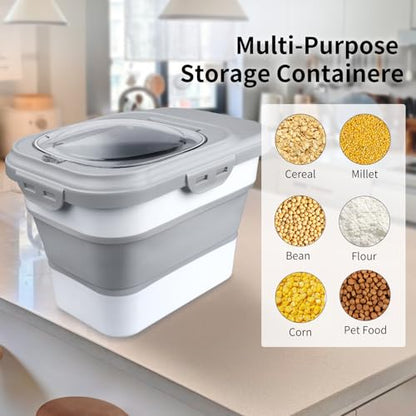 Komzon Rice Storage Container, Collapsible Airtight Food Storage Containers 6-20 Lbs, Rice Dispenser with Measuring Cup and Small Bin for Flour Cereal Pasta Grain, Cat Pet Dog Bird Food Container - size: 6-20 Lbs Gray