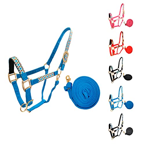 Patterned Nylon Adjustable Horse Halters with Padded Noseband and Matching 10’ Soft Grip Lead Rope with one Year Warranty - color: Geometric and Hurricane Blue