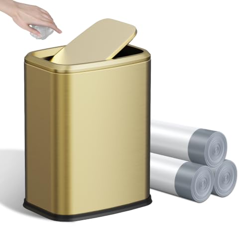 8L/2.1 Gallon Small Bathroom Trash Can with Lid, Swing-Top Rectangular Waste Bin, Stainless Steel Garbage Can for Home, Office, Toilet, Bedroom, Living-Room (Gold) - color: Gold