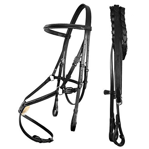 Exion Fancy Stitched Figure 8 Hunter Bridle with Laced Reins – Raised Veg-Tanned Leather English Jumping Bridle Set for Horses – Classic Mexicana Split-Poll Equestrian Show Tack, Pony Cob Full - size: Cob/Medium Size