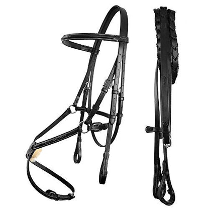 Exion Fancy Stitched Figure 8 Hunter Bridle with Laced Reins – Raised Veg-Tanned Leather English Jumping Bridle Set for Horses – Classic Mexicana Split-Poll Equestrian Show Tack, Pony Cob Full - size: Cob/Medium Size