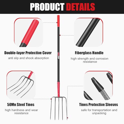 5-Tine Pitchfork Garden Fork Fiberglass Handle for Farm Work 57 in