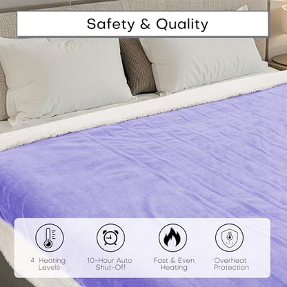 Electric Heated Blanket 50"x60" Throw Size - Light Purple | Safe All Night Rest, Dual-Sided Microplush Sherpa for Bedroom Couch Use, 4 Heat Settings & 3 Hours Auto Off, Machine Washable - color: 07-purple, size: Throw(50''x60'')