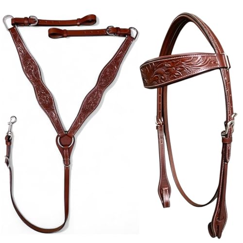 Majestic Ally Tooled Leather Western Headstall & Breast Collar Set – Handcrafted Leather, Classic Western Tack, Multiple Styles & Designs - style: 0986-TAN