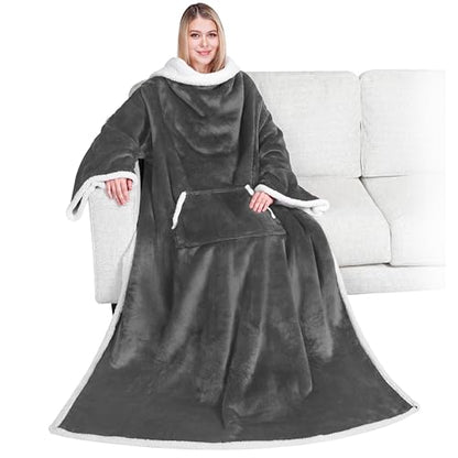 PAVILIA Sherpa Wearable Blanket with Sleeves and Pocket, Plush Thick Cozy Body Blanket Wrap for Adult Women Men, Christmas Gift for Wife Mom, Dark Grey - color: Charcoal