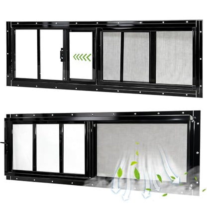 Yuzzy Shed Windows 2 Pack, 10"x35" Sliding Windows Transom Window with Tempered Glass and Removable Fiberglass Screen for Shed, Chicken Coop, Playhouse, Household, Garage, Barns (Black) - color: Black, size: 10"x35"