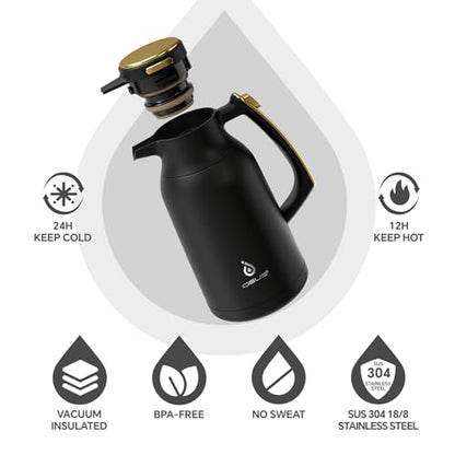 IDEUS Thermal Coffee Carafe 68oz, Beverage Dispenser Black-Gold | Stainless Steel Double Wall Vacuum Insulation Creamer Pitcher Water Jug Coffee Server, Coffee Carafe for Keeping Hot and Cold - color: Black-Gold, size: 68 Ounces