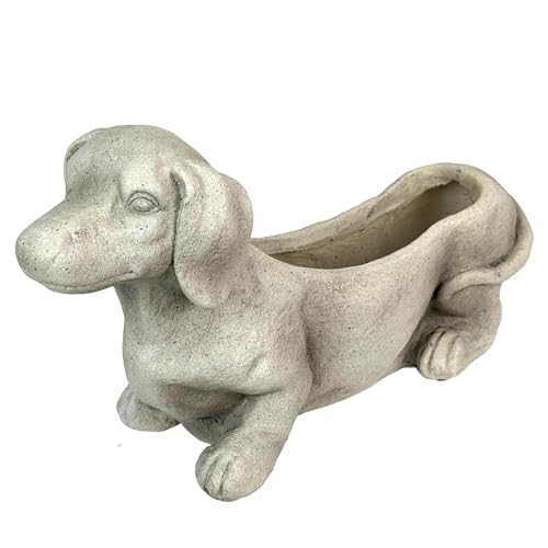 Zeckos Dachshund Dog Planter, 20 Inch Distressed Grey Stone Finish | Doxie Silhouette with Planting Well, For Living Rooms, Patios, Lawns, Gardens - color: Dachshund - Grey