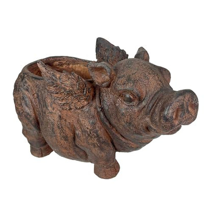 Zeckos Animal Planter, 17 Inch Flying Pig with Distressed Brown Finish | Magnesium Oxide, Drain Hole, 8 by 5 Inch Planting Opening, Indoor or Outdoor Use - color: Pig Wings - Brown