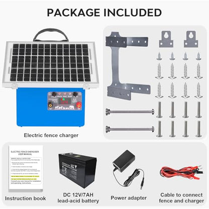 20 Miles Solar Electric Fence Charger,0.5 Joule Electric Fence Kit with 7.5W Solar Panel/7Ah Battery, IP65 Waterproof,Up to 9.5KV Output Portable Solar Fencer for Livestock Poultry