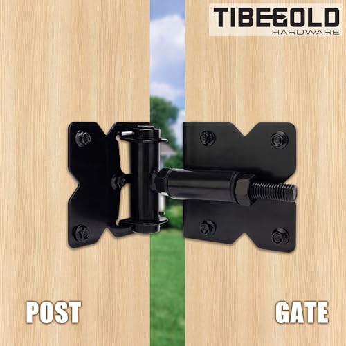 Self Closing Gate Hinges, Heavy Duty Hardware for Outdoor Vinyl/Woodn Fence Gates, 90 Degree Adjustable Gate Hinges Kit, Black Self Closing Hardware with Screw Kits and Swing Adjuster Tool, 4 Pack
