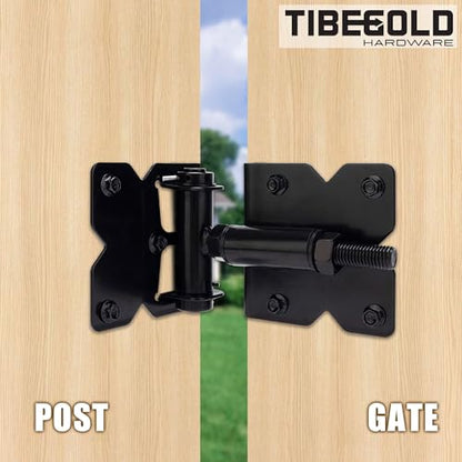 Self Closing Gate Hinges, Heavy Duty Hardware for Outdoor Vinyl/Woodn Fence Gates, 90 Degree Adjustable Gate Hinges Kit, Black Self Closing Hardware with Screw Kits and Swing Adjuster Tool, 4 Pack