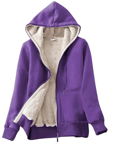 Women’s Casual Full Zip Up Sherpa Lined Hoodie Sweatshirt Jacket Coat - color: Darkpurple, size: Small