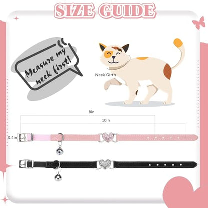 BINGPET Diamond Cat Collar with Bell, Adjustable Kitten Collar, Pink&Black - color: Pink & Black(Heart), size: Neck Girth 8"-10"