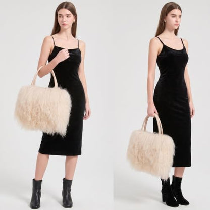 Women Luxury Real Curly Mongolian Lamb Fur Purse - color: Ivory