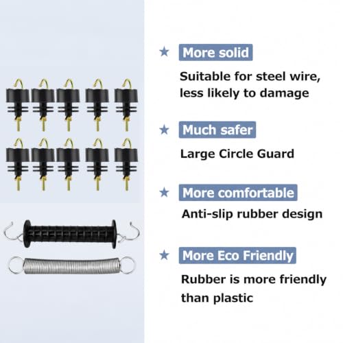 Heavy Duty PP Electric Fence Spring Gate Kit with Handles | With 10-Pack Insulators for Farm, Ranch, Garden, Toolless Strain Insulator Kit For Chain Link, Metal T-Post Farm Fence
