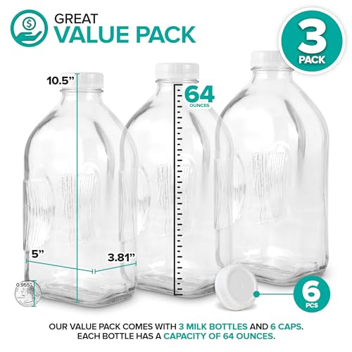 Stock Your Home Half Gallon Glass Milk Bottle with Lid (3 Pack) 64 Oz Jugs and 6 White Caps, Reusable Food Grade Milk Container for Refrigerator, Bottles for Juice, Oat or Plant Milks, Water, Honey - size: 64 oz
