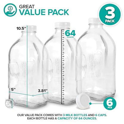 Stock Your Home Half Gallon Glass Milk Bottle with Lid (3 Pack) 64 Oz Jugs and 6 White Caps, Reusable Food Grade Milk Container for Refrigerator, Bottles for Juice, Oat or Plant Milks, Water, Honey - size: 64 oz