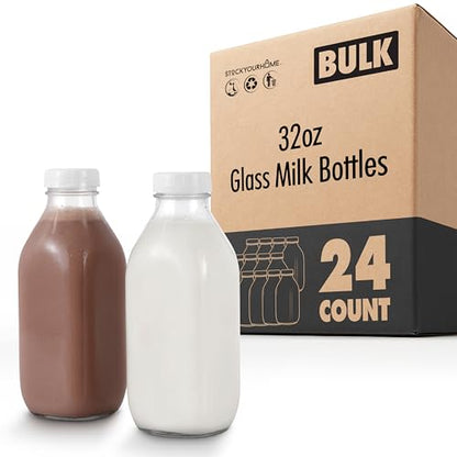 Stock Your Home Liter Glass Milk Bottle with Lid 24 Pack 32 oz Jugs and 6 White Caps Reusable Food Grade Bottles for Juice Plant Milk Water or Honey