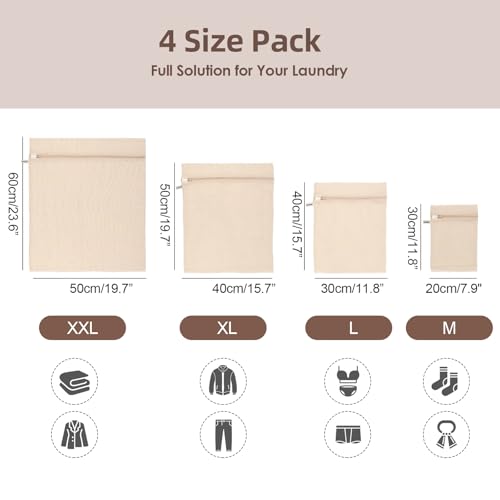 100% Cotton Mesh Laundry Bags, Premium Soft, No Dye, Set of 4, Natural - size: XXL+XL+L+M
