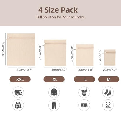 100% Cotton Mesh Laundry Bags, Premium Soft, No Dye, Set of 4, Natural - size: XXL+XL+L+M