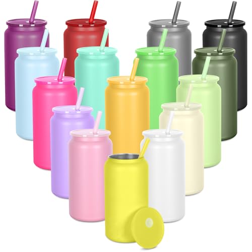 16oz Stainless Steel Can Tumblers, 16 Pack Insulated Beer Can Glass Cups with Lids and Straws, Iced Coffee Cup for Smoothie, Juice, Soda, Milk, Multiple colors