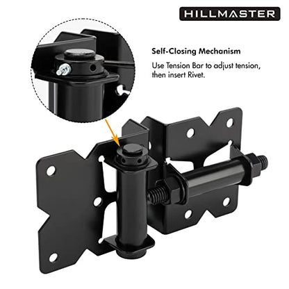 2 Pack Self Closing Gate Hinges for Wooden Fences Heavy Duty Solid Vinyl Fence Gate Closer Hinges with 22 Screws Swing Adjuster Tool 90 Degree Tension Gate Hardware Kit Black Finish - size: Self Closing
