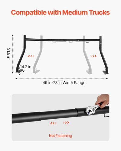 VEVOR Truck Ladder Rack, 49-73 in Width, Extendable Universal Cargo Rack, Heavy Duty Steel with 800 lbs Static Load Capacity, Ideal for Canoes, Surfboards, Ladders, Lumber, Tents, and Large Cargo - style: Drilling