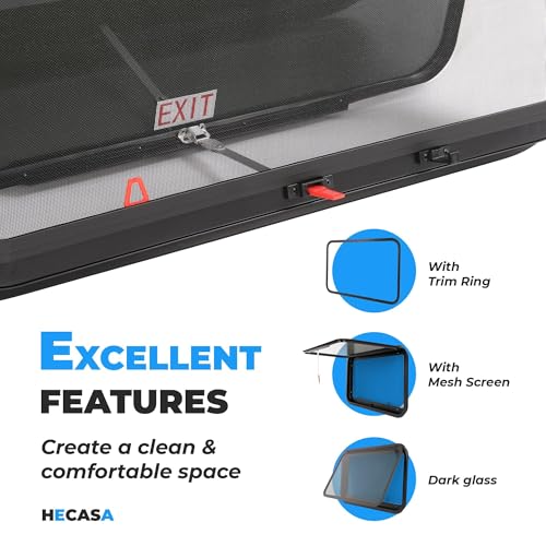 HECASA 36" W x 22" H RV Exit Emergency Window W/Trim Ring, Mesh Screen - size: 36" W x 22" H