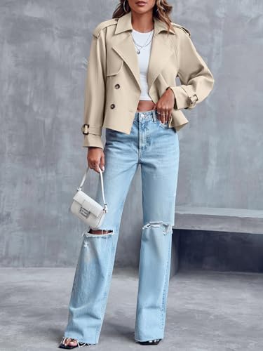 Saodimallsu Women Crop Double Breasted Trench Coat Short Cropped Jacket - color: Light Khaki, size: XX-Large