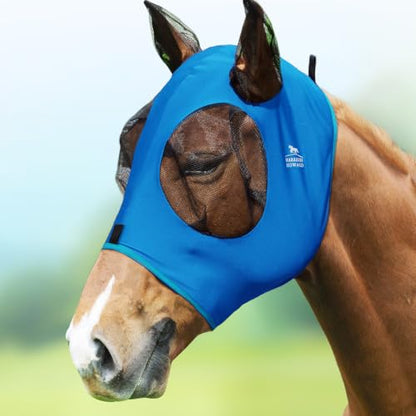 Harrison Howard Super Comfort Stretchy Fly Mask Large Eye Space with UV Protection Soft on Skin with Breathability Azure Blue M Cob - color: Azure Blue, size: Cob (Medium)