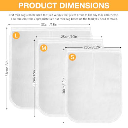 Nut Milk Bag Reusable 3 Pack (8"x12"/10"x12"/13"x13") Fine Mesh Nylon Cheese Cloth Strainer Bags for Straining Almond Milk, Soy Milk, Greek Yogurt, Cold Brew Coffee, Juice, Tea, Tofu, Chees