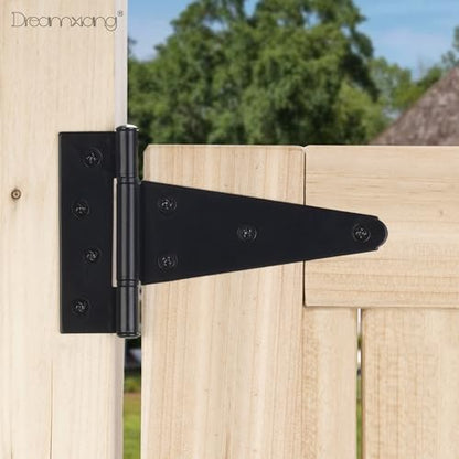 6 Inch T-Strap Gate Hinges, Heavy Duty Shed Barn Door Hinges, Black Tee Hinges for Wooden Fence, Yard Gate, Wrought Hardware Iron Rustproof (2 Pack) - size: 6 Inch